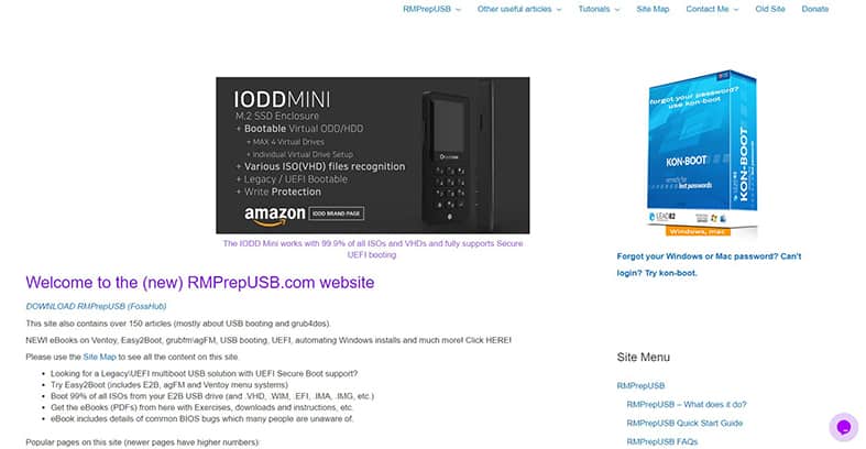 An image featuring RMPrepUSB Windows website homepage