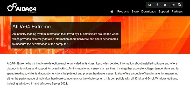 An image featuring AIDA64 Extreme website homepage