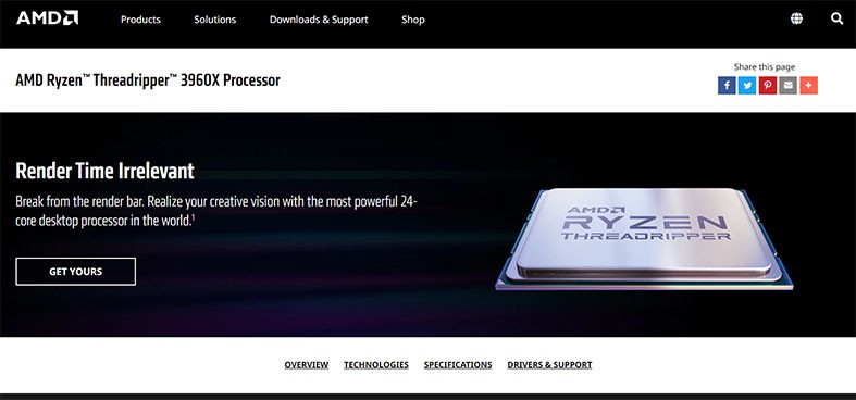 An image featuring AMD Ryzen Threadripper 3960X CPU website screenshot