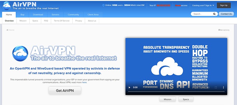 An image featuring the official AirVPN website homepage