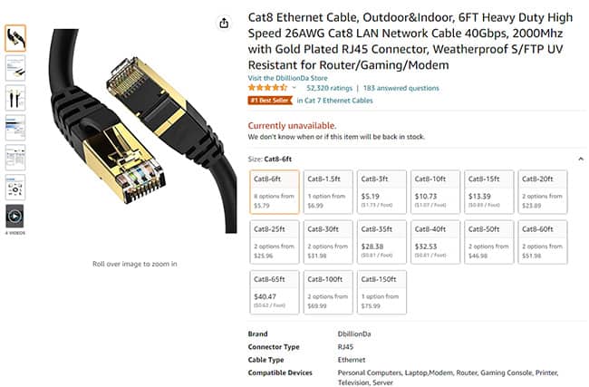 An image featuring DbillionDa CAT 8 cable Amazon website screenshot