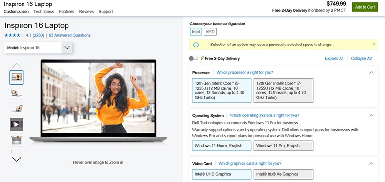 An image featuring Dell Inspiron 16 5000 laptop website screenshot