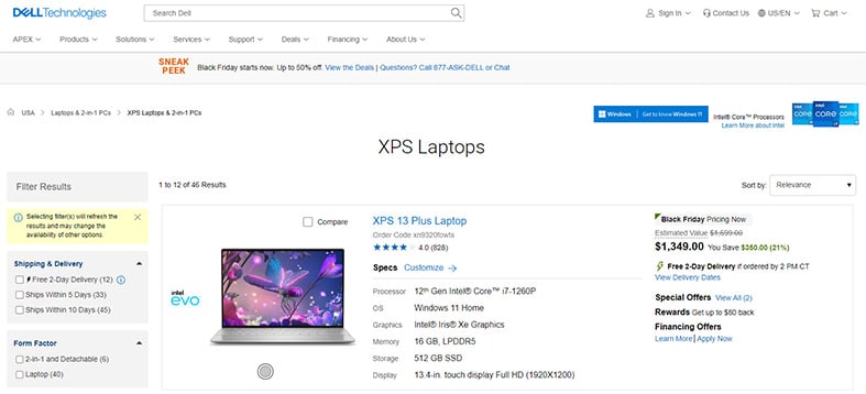 An image featuring Dell XPS laptops on the official dell website screenshot