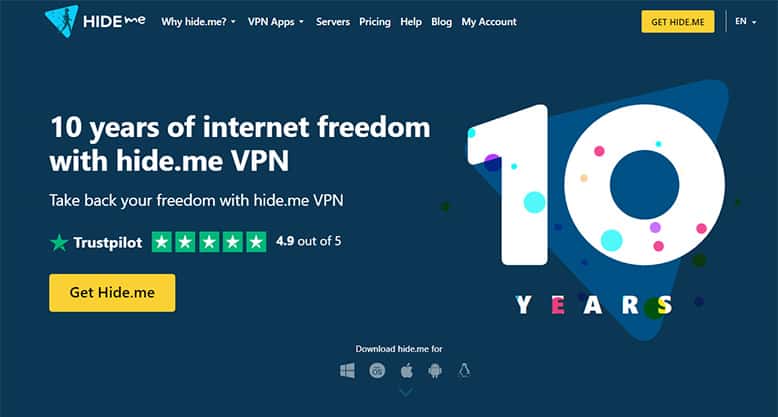 An image featuring the official Hide Me VPN website homepage screenshot