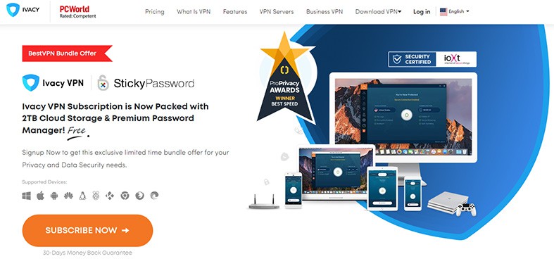 An image featuring the official Ivacy VPN website homepage screenshot