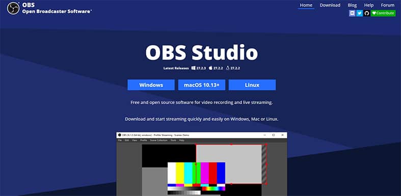 An image featuring OBS Studio website homepage screenshot