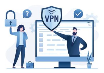 An image featuring a person choosing a VPN while the other one is suggesting a VPN concept