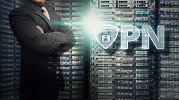 An image featuring a secure VPN service with a businessman standing next to the VPN logo with servers in the background concept