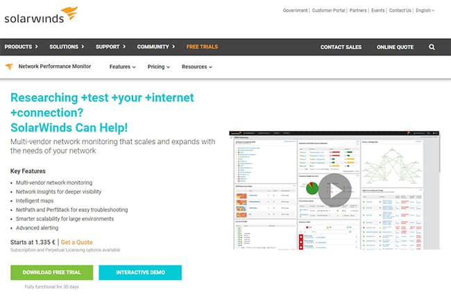 An image featuring SolarWinds network performance monitor website