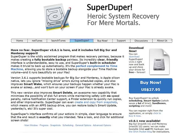 An image featuring the SuperDuper backup software website homepage screenshot