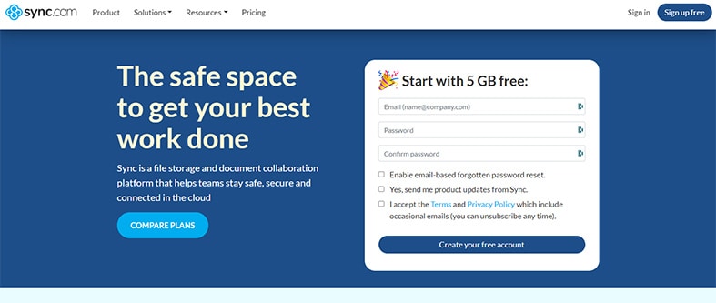 An image featuring the official Sync cloud storage website homepage screenshot