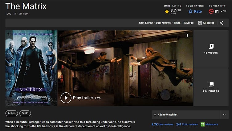 An image featuring The Matrix IMDb screenshot