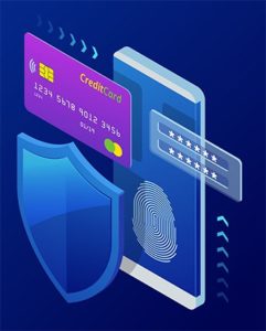 An image featuring VPN data protection with a mobile phone that has a security shield and a credit card representing online crypto payment with VPN concept
