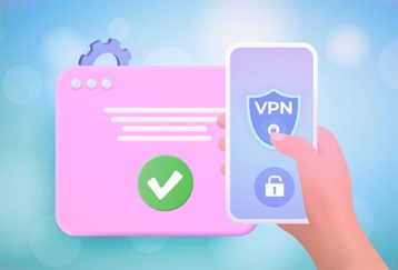 웹 브라우저 및 휴대폰 개념에 VPN 보호 및 보안이 특징 인 이미지