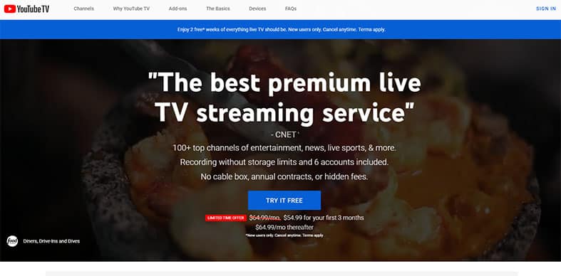 An image featuring the official YouTube TV website homepage screenshot