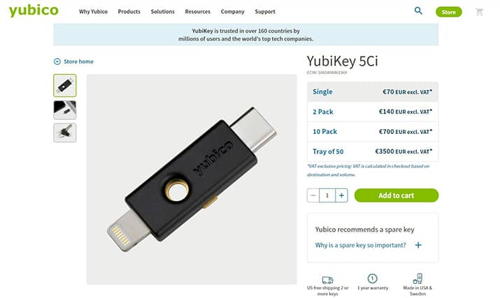 An image featuring YubiKey 5Ci website screenshot