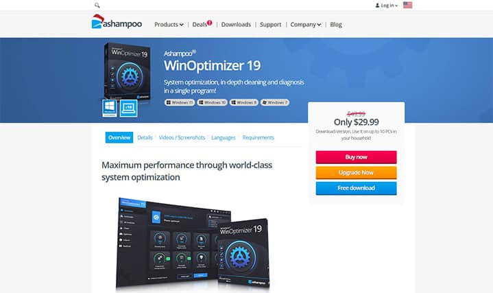 An image featuring Ashampoo WinOptimizer 19 website screenshot