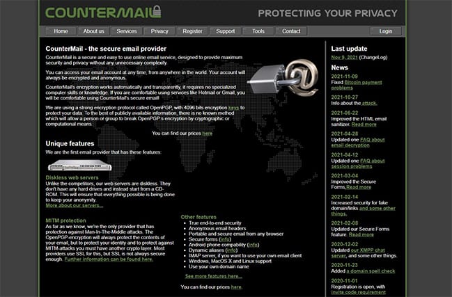 An image featuring CounterMail website homepage