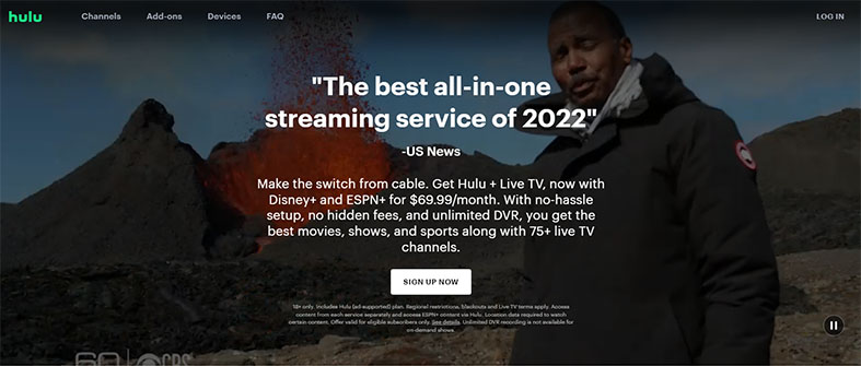 An image featuring the official Hulu Live TV website screenshot