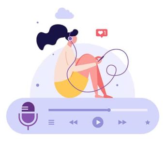 An image featuring a girl listening to a podcast concept