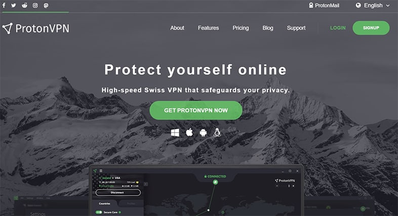 An image featuring the homepage of ProtonVPN