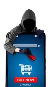 An image featuring a hacker stealing a credit card on mobile phone and is shopping concept