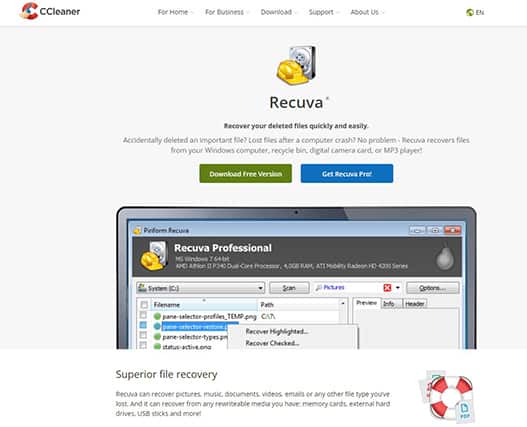 An image featuring Recuva website homepage