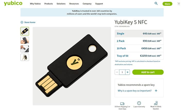 An image featuring YubiKey 5 NFC website screenshot
