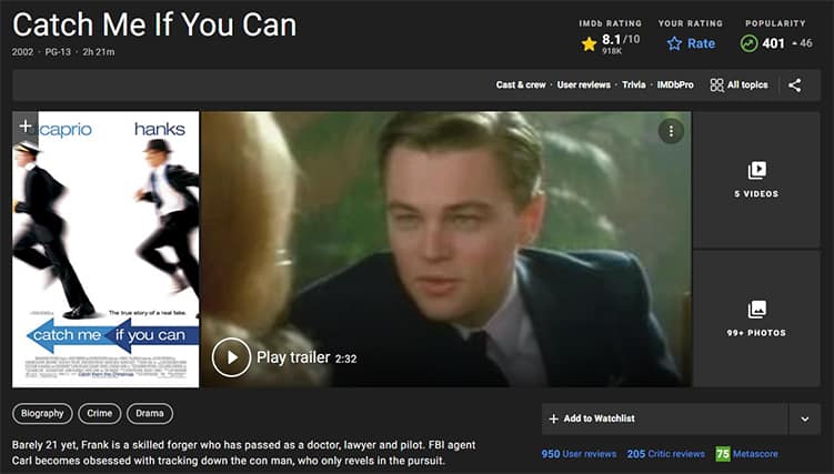 An image featuring Catch Me If You Can IMDb screenshot