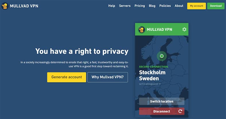 An image featuring the homepage of Mullvad VPN