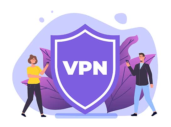 An image featuring two people standing next to a VPN logo concept