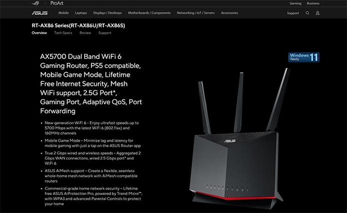 An image featuring Asus RT AX86U Router website screenshot