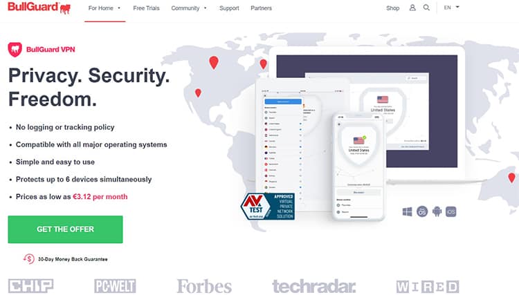 An image featuring BullGuard VPN website homepage
