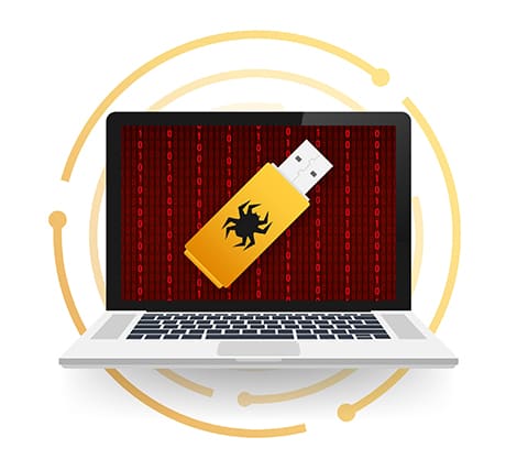 An image featuring a laptop that has a USB with malware on it concept