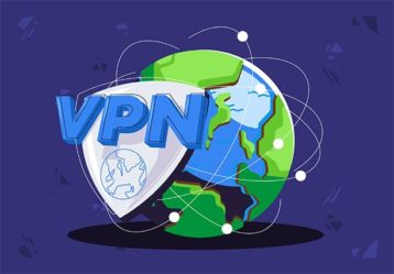 An image featuring a VPN logo shield around the world concept