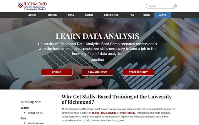 An image featuring University of Richmond bootcamp website screenshot