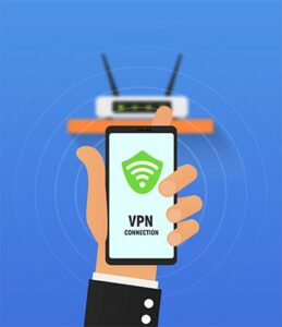 An image featuring a person holding his mobile phone with VPN connection on the phone and a WiFi router in the background concept