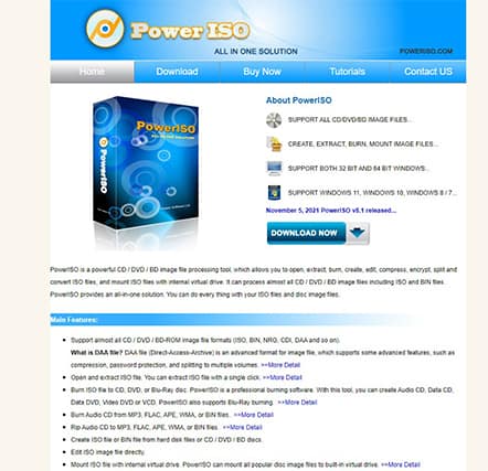 An image featuring PowerISO website homepage screenshot