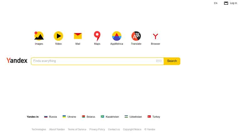 An image featuring Yandex web browser homepage