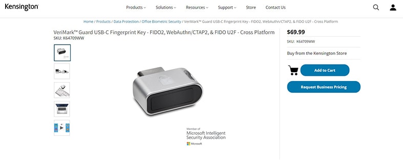An image featuring Kensington VeriMark Guard USB C fingerprint key website screenshot