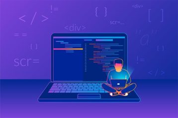 An image featuring a laptop and a programmer on top of it representing programming concept