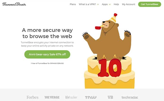 An image featuring the homepage of TunnelBear