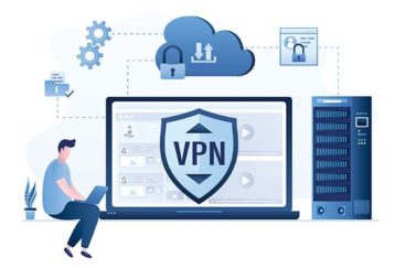 An image featuring a person using their laptop with a secure VPN connection and a VPN server next to it concept