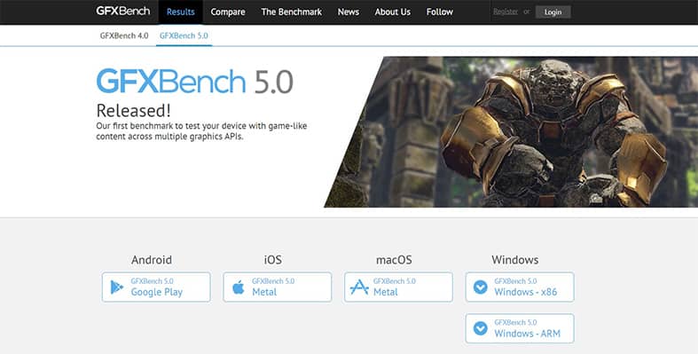 An image featuring GFXBench website homepage