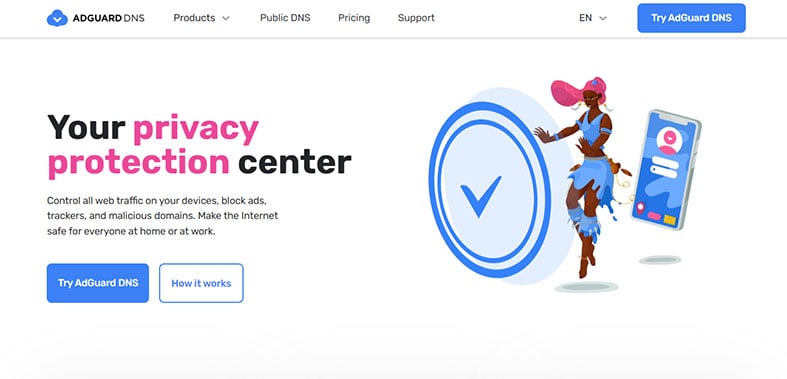 An image featuring the official AdGuard DNS website homepage screenshot