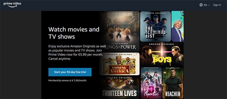 An image featuring the official Amazon Prime Video website homepage screenshot