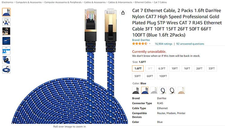 An image featuring DanYee CAT 7 cable Amazon website screenshot