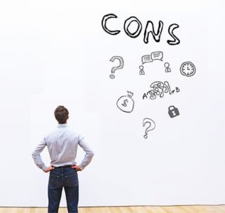 An image featuring a person looking at a board that says cons and has logos representing disadvantages cons concept