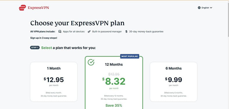 An image featuring the official ExpressVPN subscription plans website screenshot