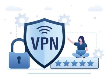 An image featuring a person standing next to a VPN sign with 5 stars representing a good VPN concept